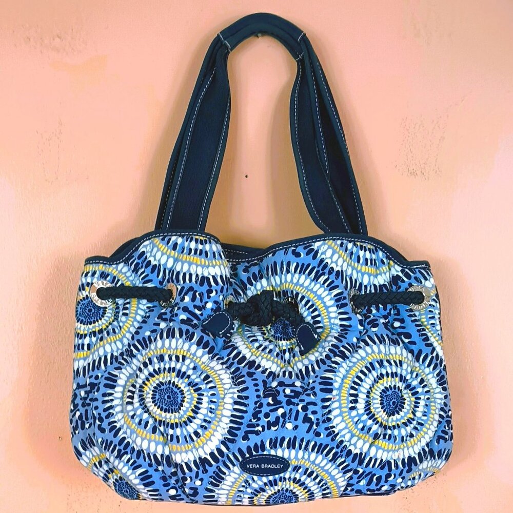 Vera Bradley Starry Night Shoulder Bag Blue White Yellow Canvas Rope Accent